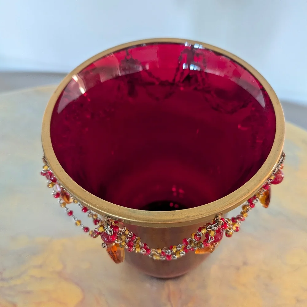 Vintage Exquisite Ruby Satin Glass Dangling Drape Beads Vase Glam Decor Regency